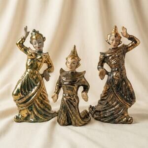 1950s Gilner California Pottery Black Gold Ceramic Balinese Dancer Figure Bundle